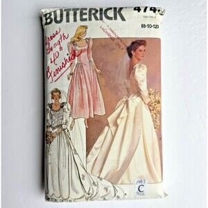 Vtg 80s Wedding Gown Pattern 4743 Butterick Train Puff Sleeves Sz 8-12